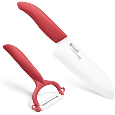 Kyocera GEN RED Cut & Peel Set Keramik Santoku Messer mit Schäler | Klinge 14 cm | ergonomischer Griff | extrem scharfes Küchenmesser und Sparschäler | Kochmesser Profi Messer