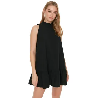 TRENDYOL Damen Trendyol Woman Petite Mini Ruffle Hem V-Neck Woven Dress, Schwarz, 42 EU