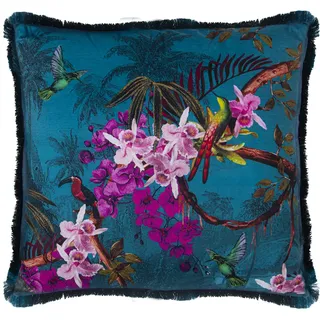 DRW Quadratisches Kissen aus Samt mit Digitaldruck mit Blumen und Vögeln mit Reißverschluss, 45 x 45 cm