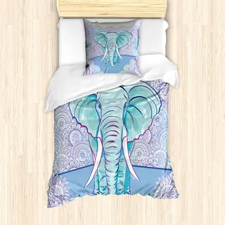 ABAKUHAUS Elefant Mantele, Oval Motive, Milbensicher Allergiker geeignet mit Kissenbezügen, 135 cm x 200 cm - 80 x 80 cm, Mehrfarbig