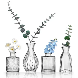 Kleine Glasvasen Set von 4, für Tischdekoration, Hochzeit, Empfang, Zuhause, Vintage-Flaschen, Transparent, Dekorative Glasvasen mit Deckeln(4, Transparent)