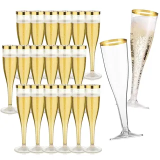 Yitobici 20 Stück Sektgläser Plastik, 133ml Champagner Gläser mit Goldrand,Sektkelch Sektflöten, Sektglas Kunststoff, für Bars, Hochzeiten, Partys, Picknicks, Aktivitäten im Freien