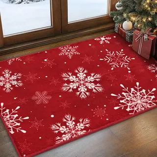 Alishomtll Weihnachten Fußmatte 60x90cm, Schneeflocke Weihnachtsfußmatte, rutschfest Waschbar Weicher Teppich, Kurzflor Türmatte für Haustiere, Weihnachten Deko für Küche Wohnzimmer Schlafzimmer, Rot