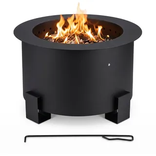 Relaxdays Feuerschale ohne Rauch, Stahl, HxØ 34x56 cm, schwarz | Doppelwand-System, mit Schürhaken, raucharme Feuerstelle