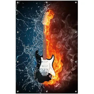 Wallario Outdoor-Poster für Garten oder Balkon, Motiv Feuer-Wasser-Gitarre, in ca. 100 x 150 cm - Schwarz