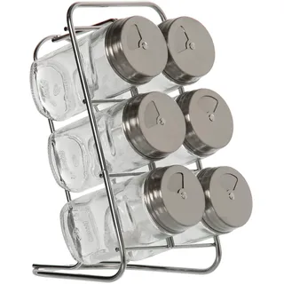 Set aus 6 Gewürzdosen aus Glas und Edelstahl mit Metallständer 9,5 x 14 x 18 cm Dosen 4 x 9,5 cm