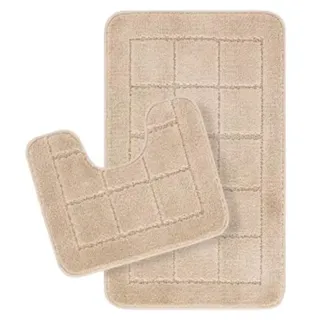 Surya Badezimmerteppich Set 2-teilig - Badvorleger rutschfest waschbar 50x80 cm - Badteppich Set, enthält waschbare, saugfähige WC Vorleger für Bad, Dusche und Fußmatte, Badematte Beige