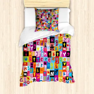 ABAKUHAUS Abstrakt Mantele, Farbige Alphabet Puzzle, Milbensicher Allergiker geeignet mit Kissenbezügen, 135 cm x 200 cm - 80 x 80 cm, Mehrfarbig