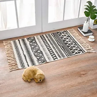 MORROWCAMP Boho Teppich klein 58 x 88 cm, Baumwolle Teppich Waschbar mit Quasten, Schmaler Kleiner Baumwollteppich für Wohnzimmer Schlafzimmer Flur, Handgewebter Boho Stil Teppich (Schwarz)