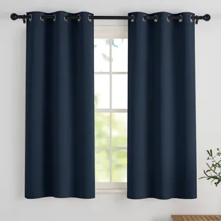 PONY DANCE Bistrogardine Küche Kurze Gardinen mit Ösen H 114 x B 106 cm Verdunklungsvorhänge Scheibengardinen Blickdicht Vorhänge für Badezimmer Fenster, Dunkelblau