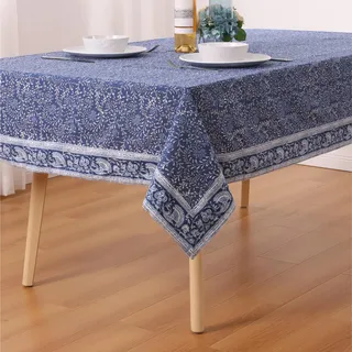 JEMIDI Tischdecke Baumwolle 140 x 240 cm - Table Cloth Oeko-Tex Zertifiziert - Blumen Print Tischtuch - Tischdecken - Tisch Decke Stoff für Wohnzimmertisch - Blau
