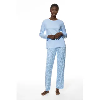 Schlafanzug MEY "Flower Meadow", Damen, Gr. 48, blau (blau silk), Single Jersey, Obermaterial: 100% Baumwolle, bequem lang, Rundhals, Homewear-Sets Schlafanzug, Komfortbund, Rundhalsausschnitt, bequem, Single Jersey, Langarm
