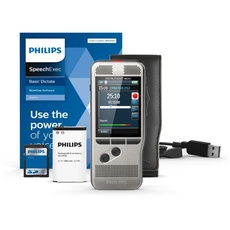Philips DPM7000 Digitales Diktiergerät, Bedienung per Schiebeschalter, 2 Mikrofone für ausgez. Stereo-Tonaufnahmen, Farbdisplay, Edelstahlgehäuse, inkl. Diktiersoftware SpeechExec 2-Jahres-ABO