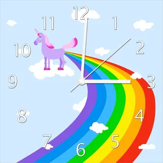 Wallario Design Wanduhr Einhorn mit Regenbogen aus dem Hintern aus Echtglas, Größe 30 x 30 cm - Blau