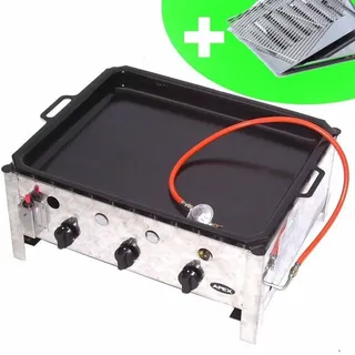 55510 + Grill-Set 511 + Pfanne 504  EDELSTAHL GASBRÄTER 10KW 3 flammig GASGRILL BRÄTER GRILL BBQ Grillwagen Pfanne SET 4 - Silber