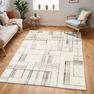 Livabliss Lubbock Wohnzimmer Teppich modern – Abstrakt Design in Marmor Optik für Wohnzimmer 200x274 cm, Esszimmer, Schlafzimmer - Marmor Teppiche groß, weicher Teppich Kurzflor in Elfenbein und Grau