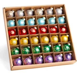 Joiedomi 36-teiliges Weihnachts-Mini-Kugel-Ornament-Set, kleine Metall-Glaskugeln mit Glitzerdrucken und Seilaufhängern, hängende Miniatur-Ornamente für den Weihnachtsbaum, Weihnachts-Glas-Party-Dekor