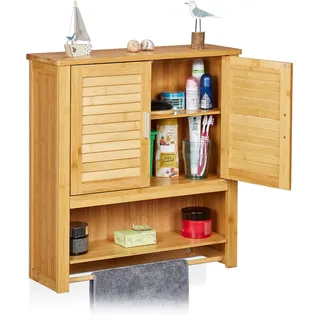 Relaxdays Hängeschrank LAMELL Bambus, mit Handtuchhalter, 3 Ablagen, 2 Türen, Badschrank, HBT: 66 x 62 x 20 cm, natur, 20x62x66 cm