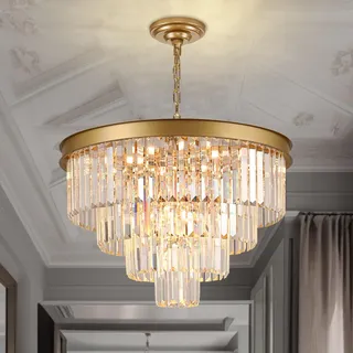 Depuley Modern Kronleuchter Kristall, 60cm Pendelleuchte Gold,Rund Kristall Hängeleuchte Mit 4 Schichten aus Kristallglas, hängelampe für Wohnzimmer, Esszimmer, Schlafzimmer, Restaurant, E14 x 9