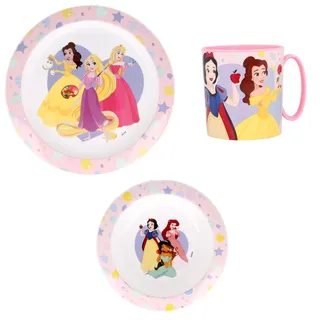 Disney Prinzessinnen Kinder Geschirr-Set 3-teilig – Teller (20 cm), Schüssel (15 cm) & Becher 350 ml – Arielle, Belle, Rapunzel, Schneewittchen, Jasmin & Aurora