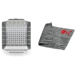 Weber 6481 Deluxe Gemüsekorb 19x24 cm, Grillkorb, für Fisch, Fleisch und Gemüse, aus Edelstahl & 17689 Mikrofasertuch, Reinigung, polieren, grau, 25.0 x 6.0 x 9.0 cm