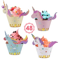 Vabaso Einhorn Cupcake Wrappers Papier 48 Stücke süße Unicorn Muffins Dessert Dekoration Verpackung für Kinder Geburtstag Party, Hochzeit Kuchen Deko