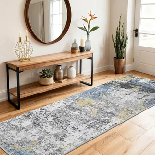 SOANNY Teppich Läufer 60x180 cm Kurzflor, modern abstrakt, superweich, waschbar & rutschfest für Flur, Wohnzimmer, Schlafzimmer, Bettumrandung, Küche, Büro, Korridor, Treppe, Marineblau-Gold