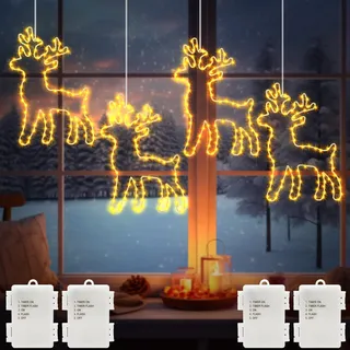 echosari 4 Stück Rentier LED Fensterdeko Weihnachten Batteriebetrieben, 240 LEDs Hängende weihnachtsmann lichterkette mit Timer Metall Rentier Vorhang lichterkette Innen und Außenbereich Warmweiß