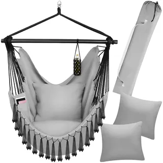 tectake® Hängesessel Outdoor wetterfest oder Indoor mit Tabletfach und Getränkehalterung, Makramee Schaukel für Balkon, Hängestuhl Garten, Hängeschaukel belastbar bis 150 kg - grau