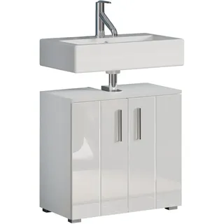 trendteam smart living - Wons - Waschbeckenunterschrank - Weiß/Weiß Hochglanz - 2 Türen und 1 Einlegeboden - (BxHxT) 60 x 58 x 34 cm - silberfarbene Griffe - kratzfest