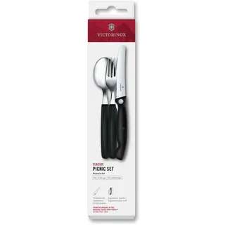 Victorinox Classic Schweizer Taschenmesser Besteck-Set 3-tlg. Wellenschliff | Faltbares Gemüsemesser 11 cm, Gabel und Löffel für Picknick, Büro & Outdoor, Rostfreier Stahl, Schwarz, Swiss Made