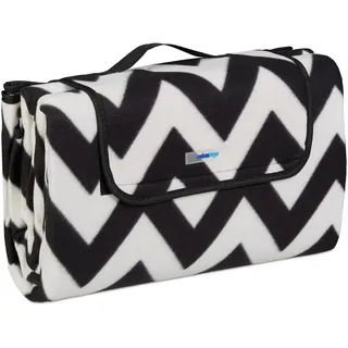 Relaxdays XXL Picknickdecke, 200x200 cm, Fleece Stranddecke, wärmeisoliert, wasserdicht, mit Tragegriff, schwarz-weiß