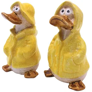 Dekohelden24 XL 2er Set Dekofiguren, Gartendeko Regenenten, Deko-Enten, Entenfiguren, Gartenfigur Ente, Teichfigur Ente in gelb mit Regenmantel und Mütze als 2er Set, Größe einer Gartenfigur, L/B/H 8 x 8 x 14 cm.