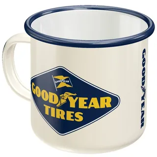 Nostalgic-Art Retro Emaille-Tasse, 360 ml, Goodyear – Logo White – Geschenk-Idee für Motor-Fans, Original Lizenzprodukt (OLP), Camping-Becher, Vintage Design, Reifen-Deko
