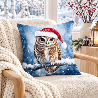 KAMACA Weihnachtskissen Eule 40x40 cm mit Füllung Winter Deko Geschenk | Gefülltes Weihnachtskissen mit Eule und Weihnachtsmütze, 40 x 40 cm, abnehmbarer Bezug mit Reißverschluss, waschbar bei 30 °C