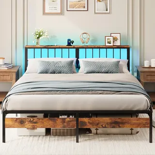 IRONCK Bettgestell 180x200, Bett mit LED und Steckdosen, Stauraum unter dem Bett, 2 AC-Steckdosen, 1 USB und 1 Typ-C-Anschluss, Doppelbett mit Lattenrost aus Metall, 180x200cm