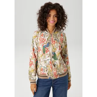 Blouson ANISTON CASUAL, Damen, Gr. 42, bunt (sand, rot, orange, grün, blau, gelb, oliv, ocker, petrol, taupe, grau, schwarz), Crêpe, Obermaterial: 100% Polyester. Futter: 100% Polyester, bedruckt, geblümt, figurumspielend hüftlang, Rippbündchen, Jacken Blouson, mit farbenfrohen Pfauen und Blumen bedruckt