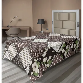 ABAKUHAUS Retro Bettlaken, Patchwork mit Polka Dots Hibiskusblüten und authentische Runden altmodischen Design, weiches bequemes oberes Bettlaken für ein dekoratives Bett 1 Stück 190 cm x 100 cm, Beige Braun