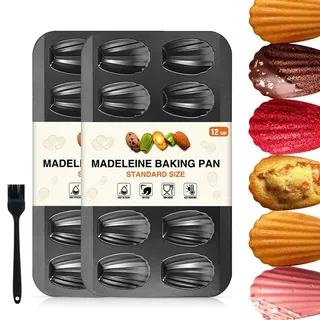 OAMCEG Madeleines Backform, 12 Mulden 2 Stück Madeleine Form, Antihaftbeschichtet Karbonstahl mit Backpinsel für Ofen Backen Schokolade Brownies Kekse