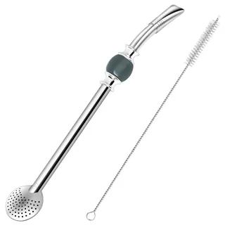 Bombilla Yerba Mate Trinkhalm – abnehmbarer Edelstahlfilter im Löffel-Stil mit einer schönen Perle – Metallstrohhalm zum Trinken von losem Tee – inklusive Reinigungsbürste (Hellgrau)