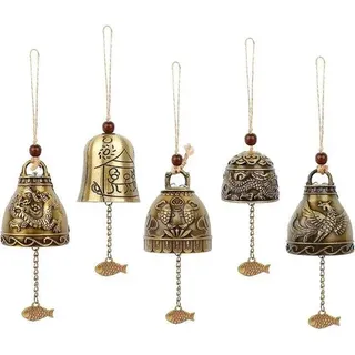 Unyqoos® Feng Shui Windspiele 5‐teilig – Metall‐buddhistische Segensglocken, 5 Vintage‐Motive (Drache, Doppel‐Fisch, Drachenperle, Phönix, Relief) für Haus & Garten - Bronze