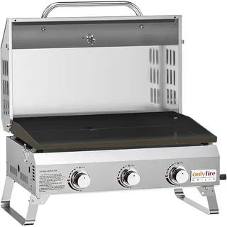 Tischgasgrill mit 3 Brenner | Edelstahl Plancha Gasgrill | mit Deckel, Grillplatte, Thermometer | Grillfläche 57 x 36 cm | Keramische Lackbeschichtung | BBQ Camping | Tragbarer Balkongrill