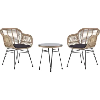 Beliani Balkonset Natürlich Rattan 2 Sessel mit Armlehnen Runder Tisch Sicherheitsglas Auflagen Schwarz Stahlgestell Terasse Balkon Garten Boho - Braun, Schwarz