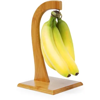 Relaxdays Bananenhalter SHELDON HBT 28,5 x 16 x 16 cm dekorativer Bananenständer aus Bambus für die Küche zum Aufhängen von Bananen, Weintrauben, Tomaten und anderem Obst stabiler Obstständer, natur