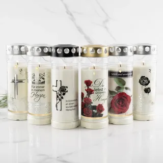 6er Set HOFER GRABKERZEN 7 Tage Brenndauer - Das Original [Erinnerung Select] regenfest | Trauerkerzen mit Deckel | Grablicht, Friedhofskerze mit Motiv und Spruch | Kerzen für Grabdeko und Grabschmuck