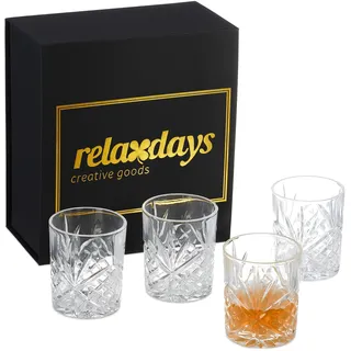 Relaxdays Whisky Gläser im 4er Set, mit Geschenkbox, abstraktes Muster, Barzubehör für Rum, HxD: 10 x 8 cm, transparent