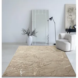 Mia's Teppiche Cielo Moderner Dichter Kurzflor Teppich, Wohnzimmer, Schlafzimmer, Eleganter Glanz, Glanzfaser, Hoch-Tief Effekt, Feder, Beige, 140 x 200 cm