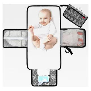 Tragbare Wickelunterlage für Babys, Reise Wickelunterlage mit Wischtasche, Grau