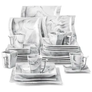 Porzellan-Geschirrset - Tafelservice MC-001 - 30/60 Teile - Für 6–12 Personen - Kaffee- und Teegeschirr - Schüsselset - Marmor