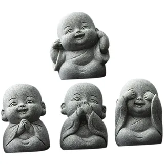 TOPPERFUN 4 PCS Buddha Figur Set, Mini Mönch Statue aus Stein, Deko Figuren Klein Grau für Garten Außen & Wohnzimmer, Sandstein Skulptur für Meditation & Feng Shui, Geschenk für Zuhause Büro